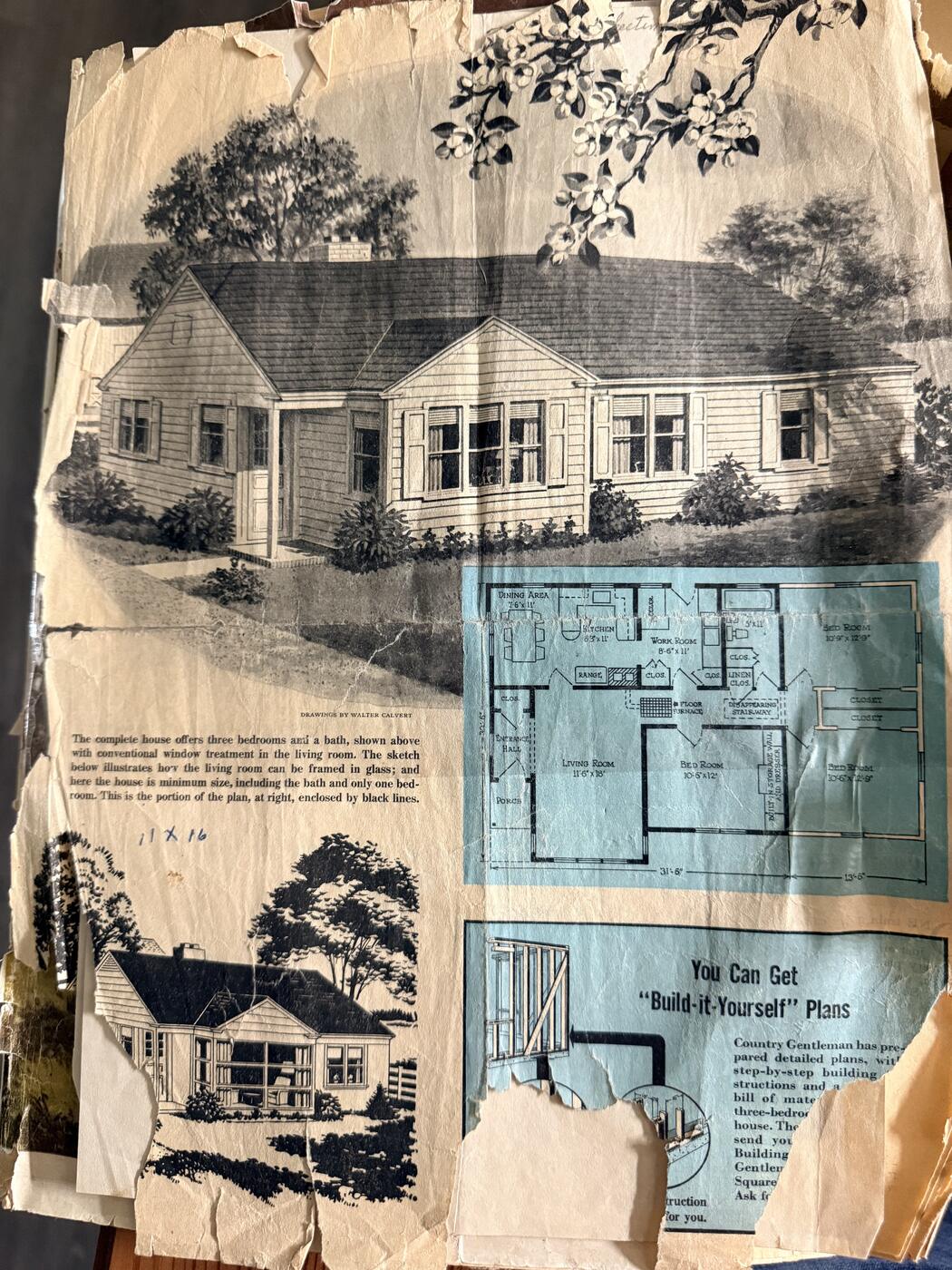 Torn newspaper clipping with a sketch of the house and its floor plan